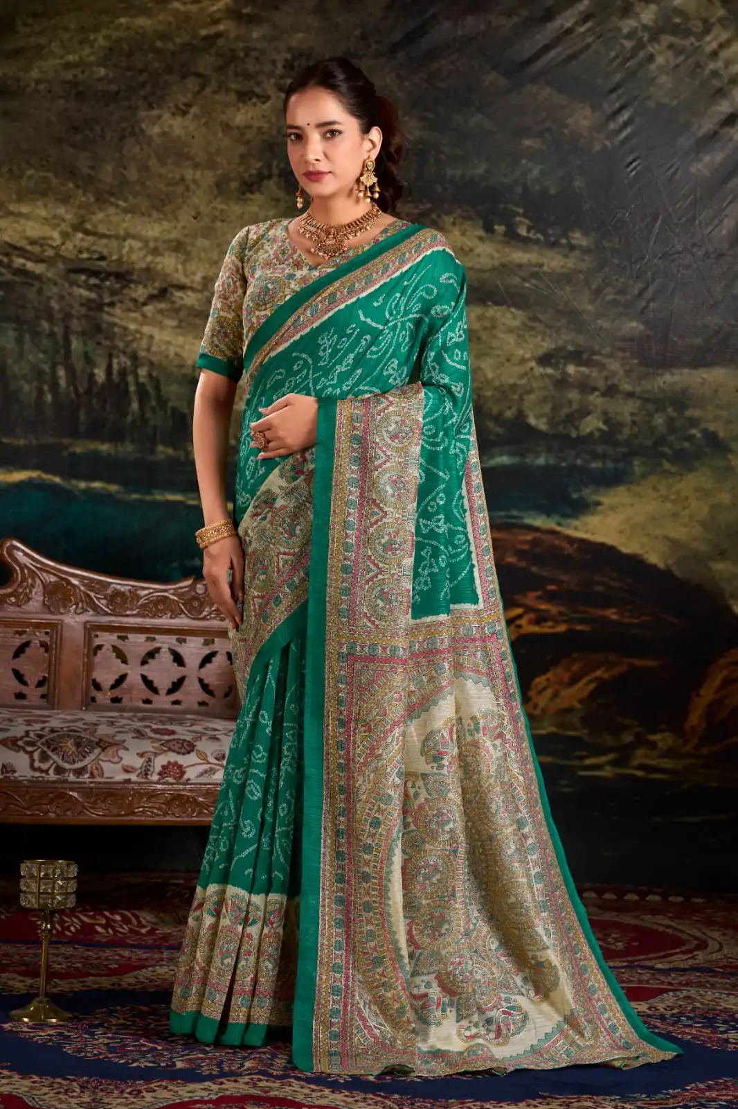 YNF 7209 Green Color Green Silk Fusion Print Madhubani Bandhej Saree Casual, Wedding, Festive, Events . Expected Delivery  4-6 Working Days @1499/- only                                                                                | Bollywood Sarees, Creative Sarees, Designer Sarees, Embroidered Sarees, Ethnic Saree, Modern Digital sarees, Party Wear Sarees, Sarees