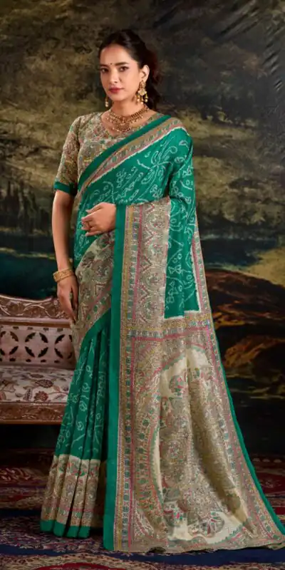 YNF 7209 Green Color Green Silk Fusion Print Madhubani Bandhej Saree Casual, Wedding, Festive, Events . Expected Delivery  4-6 Working Days @1499/- only                                                                                | Bollywood Sarees, Creative Sarees, Designer Sarees, Embroidered Sarees, Ethnic Saree, Modern Digital sarees, Party Wear Sarees, Sarees