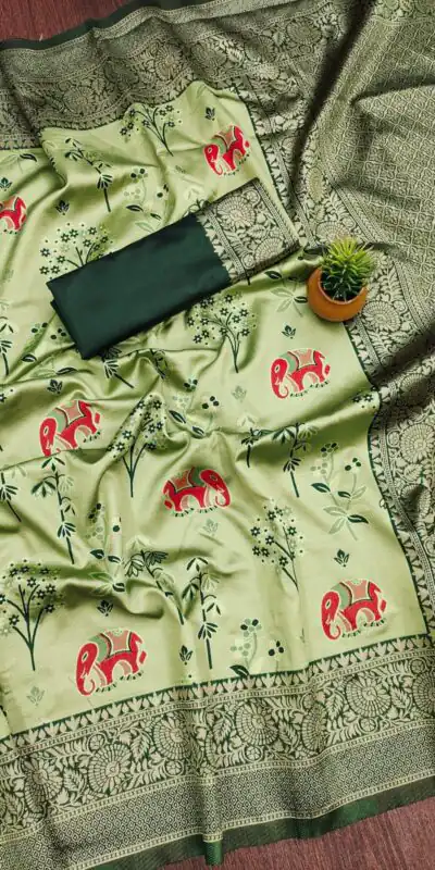 KP 6004 Green Soft Lichi Silk Jacquard Work With Designer Work Saree. Grab it for ₹1499. Delivery 4-6 Working Days. Shop now. | Bollywood Sarees, Creative Sarees, Designer Sarees, Embroidered Sarees, Ethnic Saree, Modern Digital sarees, Party Wear Sarees, Sarees