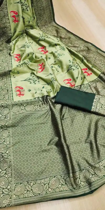 KP 6004 Green Soft Lichi Silk Jacquard Work With Designer Work Saree. Grab it for ₹1499. Delivery 4-6 Working Days. Shop now. | Bollywood Sarees, Creative Sarees, Designer Sarees, Embroidered Sarees, Ethnic Saree, Modern Digital sarees, Party Wear Sarees, Sarees