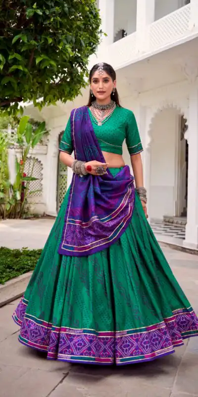 LNB 1250 Green Color Tasar Silk Bandhej Print With Gotta Patti Lace Lehenga Choli Festive Party Wedding, Events etc. Delivery 4-6 Working Days @2149/- | Bollywood Lehenga, Creative Lehenga, Designer Lehenga, Embroidered Lehenga, Lehenga, Party Wear Lehenga