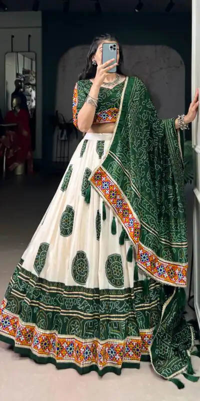 LNB 1736 Green Color Tasar Silk Bandhej Print And Gamthi Work Lehenga Choli Wedding, Party, Festive, Events Etc. Delivery 4-6 Working Days Rs 3499 | Embroidered Lehenga, Bollywood Lehenga, Creative Lehenga, Designer Lehenga, Lehenga, Party Wear Lehenga