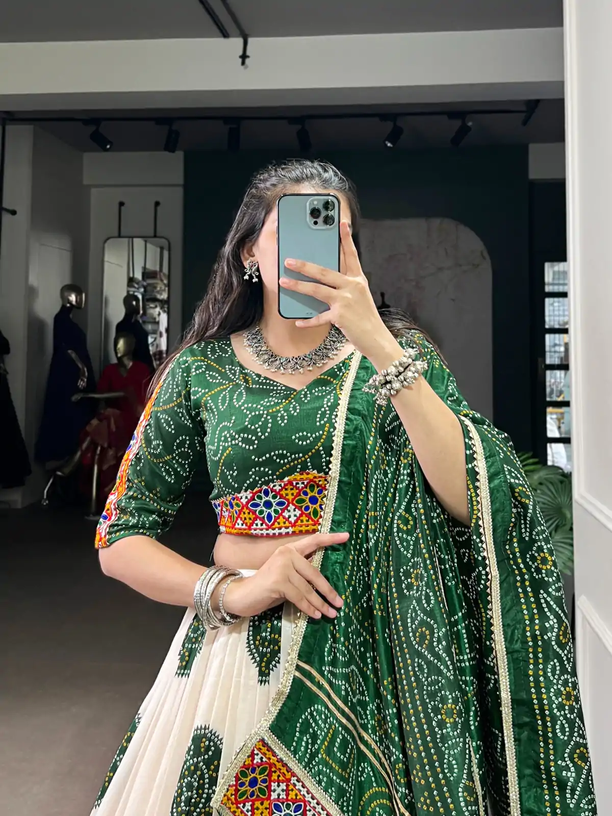 LNB 1736 Green Color Tasar Silk Bandhej Print And Gamthi Work Lehenga Choli Wedding, Party, Festive, Events Etc. Delivery 4-6 Working Days Rs 3499 | Embroidered Lehenga, Bollywood Lehenga, Creative Lehenga, Designer Lehenga, Lehenga, Party Wear Lehenga