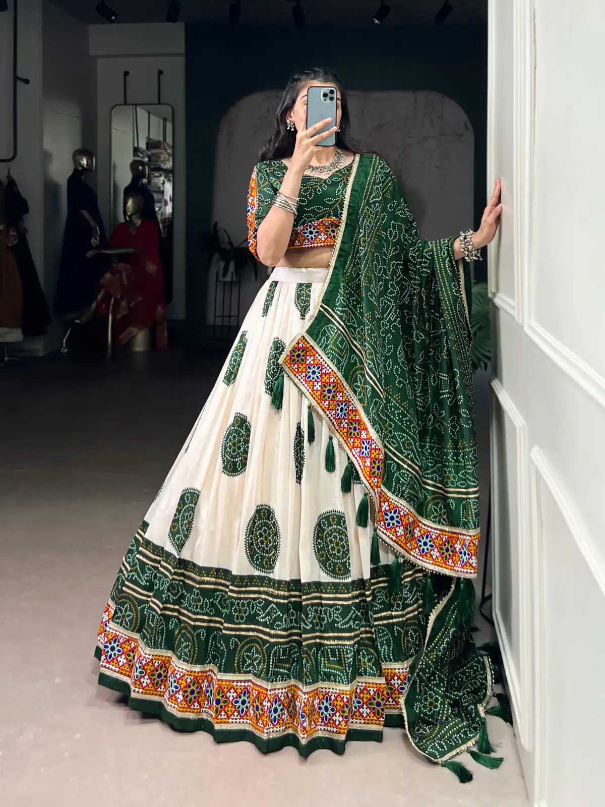 LNB 1736 Green Color Tasar Silk Bandhej Print And Gamthi Work Lehenga Choli Wedding, Party, Festive, Events Etc. Delivery 4-6 Working Days Rs 3499 | Embroidered Lehenga, Bollywood Lehenga, Creative Lehenga, Designer Lehenga, Lehenga, Party Wear Lehenga