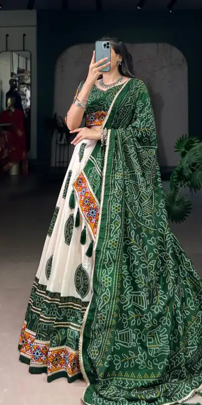 LNB 1736 Green Color Tasar Silk Bandhej Print And Gamthi Work Lehenga Choli Wedding, Party, Festive, Events Etc. Delivery 4-6 Working Days Rs 3499 | Embroidered Lehenga, Bollywood Lehenga, Creative Lehenga, Designer Lehenga, Lehenga, Party Wear Lehenga