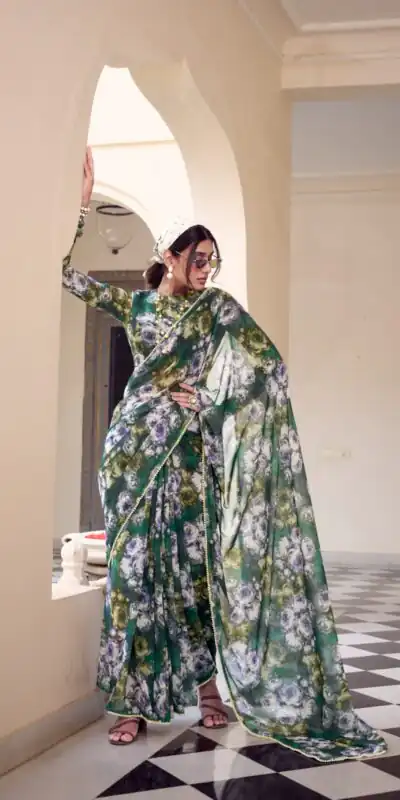 YNF 7042 Green Color Weightless Marbal Floral Printed Lace Border Saree Casual, Wedding, Festive, Events . Expected Delivery  4-6 Working Days @1549/- only                                                                                | Bollywood Sarees, Creative Sarees, Designer Sarees, Embroidered Sarees, Ethnic Saree, Modern Digital sarees, Party Wear Sarees, Sarees