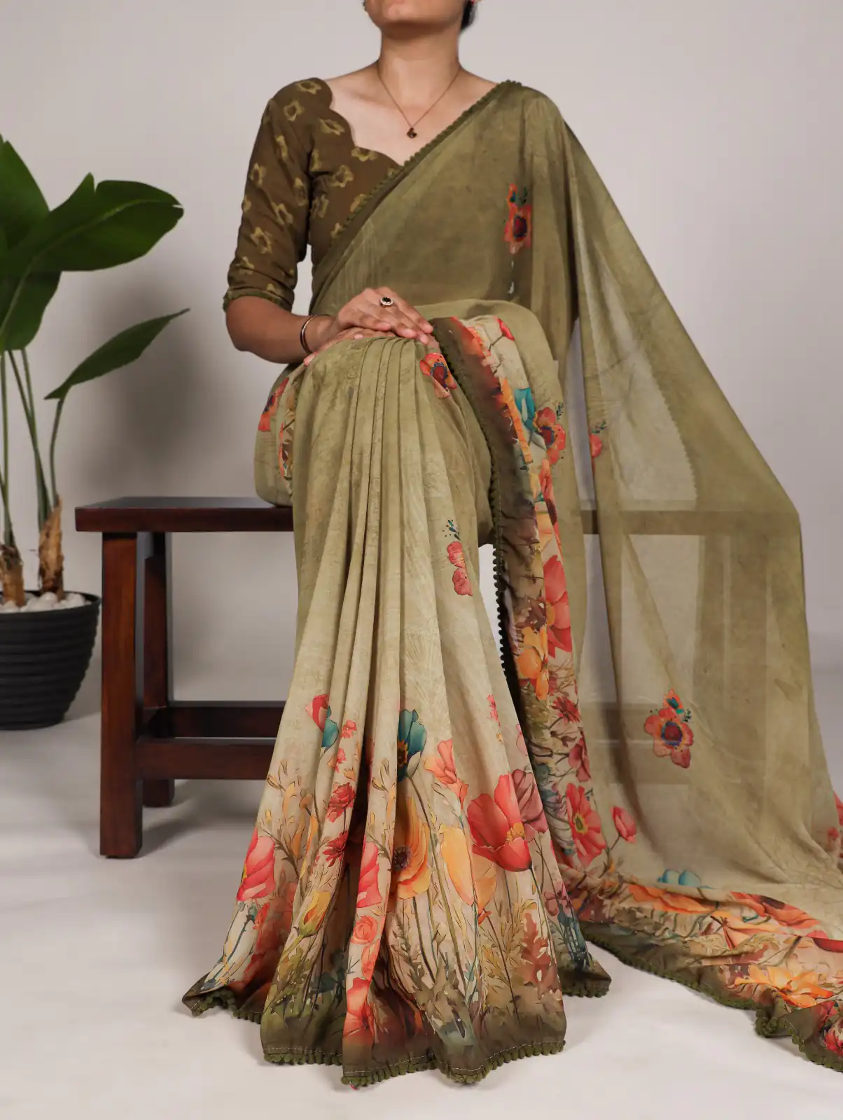 YNF 7009 Mahendi Color Georgette Floral Print With Lace Border Saree Casual, Wedding, Festive, Events . Expected Delivery  4-6 Working Days @1299/- only                                                                                | Bollywood Sarees, Creative Sarees, Designer Sarees, Embroidered Sarees, Ethnic Saree, Modern Digital sarees, Party Wear Sarees, Sarees