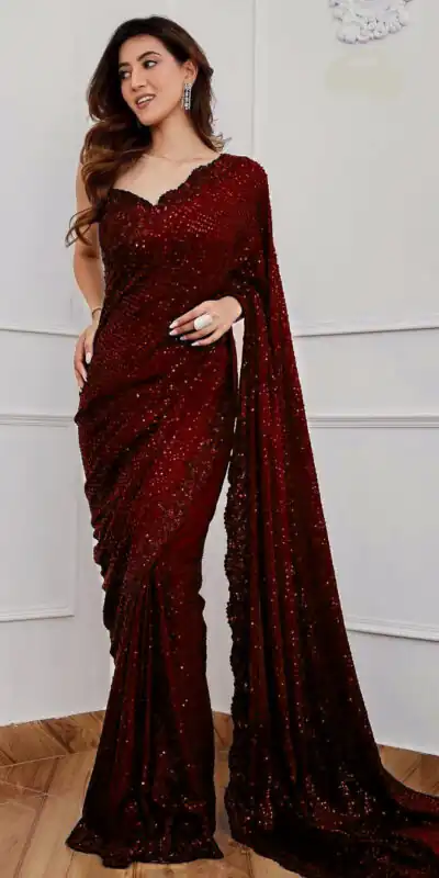 DF 3312 Maroon Color Faux Georgette 5mm Sequence Embroidery Work Saree Casual, Wedding, Festive, Events . Expected Delivery  4-6 Working Days @1899/- only                                                 | Bollywood Sarees, Creative Sarees, Designer Sarees, Embroidered Sarees, Ethnic Saree, Modern Digital sarees, Party Wear Sarees, Sarees
