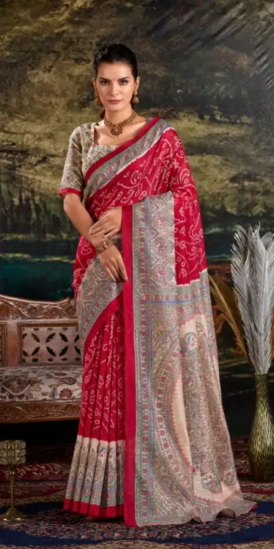 YNF 7209 Maroon Color Green Silk Fusion Print Madhubani Bandhej Saree Casual, Wedding, Festive, Events . Expected Delivery 4-6 Working Days @1499/- only | Bollywood Sarees, Creative Sarees, Designer Sarees, Embroidered Sarees, Ethnic Saree, Modern Digital sarees, Party Wear Sarees, Sarees
