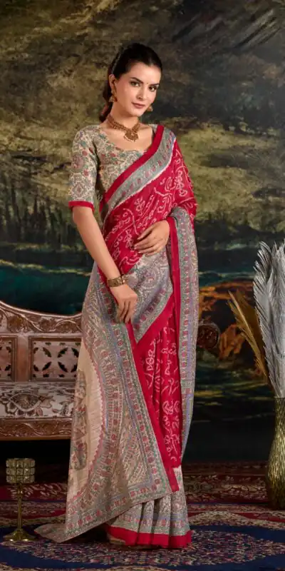 YNF 7209 Maroon Color Green Silk Fusion Print Madhubani Bandhej Saree Casual, Wedding, Festive, Events . Expected Delivery 4-6 Working Days @1499/- only | Bollywood Sarees, Creative Sarees, Designer Sarees, Embroidered Sarees, Ethnic Saree, Modern Digital sarees, Party Wear Sarees, Sarees