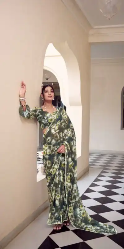 YNF 7042 Mehandi Color Weightless Marbal Floral Printed Lace Border Saree Casual, Wedding, Festive, Events . Expected Delivery  4-6 Working Days @1549/- only                                                                                | Bollywood Sarees, Creative Sarees, Designer Sarees, Embroidered Sarees, Ethnic Saree, Modern Digital sarees, Party Wear Sarees, Sarees