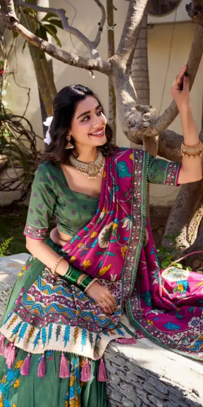 LNB 1236 Mehendi Color Tasar Silk Kalamkari Print With Foil Work Lehenga Choli Wedding, Party, Festive, Events Etc. Delivery 4-6 Working Days Rs 2449 | Bollywood Lehenga, Creative Lehenga, Designer Lehenga, Embroidered Lehenga, Lehenga, Party Wear Lehenga