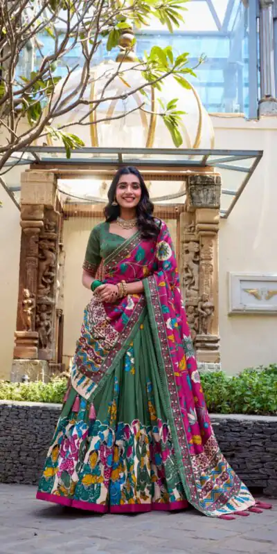 LNB 1236 Mehendi Color Tasar Silk Kalamkari Print With Foil Work Lehenga Choli Wedding, Party, Festive, Events Etc. Delivery 4-6 Working Days Rs 2449 | Bollywood Lehenga, Creative Lehenga, Designer Lehenga, Embroidered Lehenga, Lehenga, Party Wear Lehenga