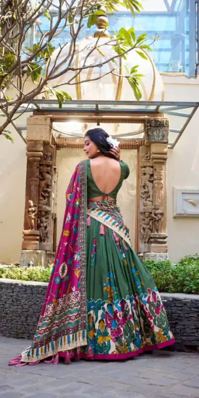 LNB 1236 Mehendi Color Tasar Silk Kalamkari Print With Foil Work Lehenga Choli Wedding, Party, Festive, Events Etc. Delivery 4-6 Working Days Rs 2449 | Bollywood Lehenga, Creative Lehenga, Designer Lehenga, Embroidered Lehenga, Lehenga, Party Wear Lehenga
