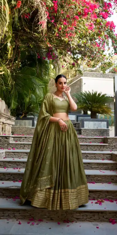 LNB 1906 Mehndi Color Pure Chanderi Plain With Zari Weaving Work Border Lehenga Choli Wedding, Party, Festive, Events Etc. Delivery 4-6 Working Days Rs 1999 | Bollywood Lehenga, Creative Lehenga, Designer Lehenga, Embroidered Lehenga, Lehenga, Party Wear Lehenga