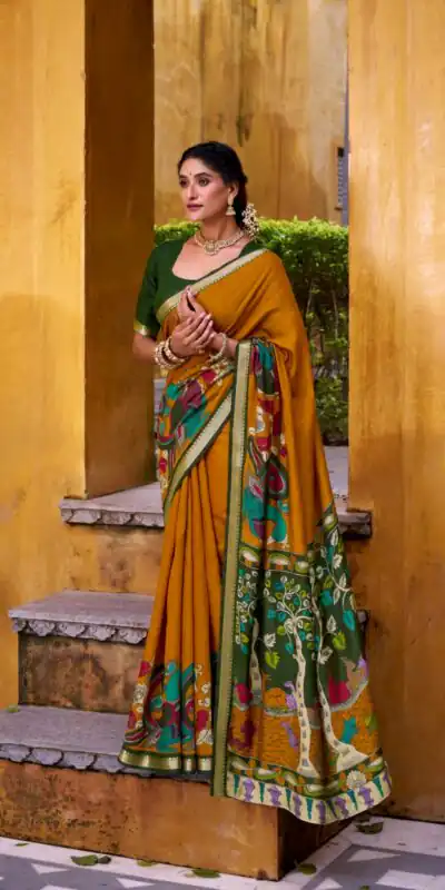 YNF 7048 Mustard Color Polyester Chanderi Kalamkari Weaving Work Saree Casual, Wedding, Festive, Events . Expected Delivery  4-6 Working Days @1499/- only                                | Bollywood Sarees, Creative Sarees, Designer Sarees, Embroidered Sarees, Ethnic Saree, Modern Digital sarees, Party Wear Sarees, Sarees