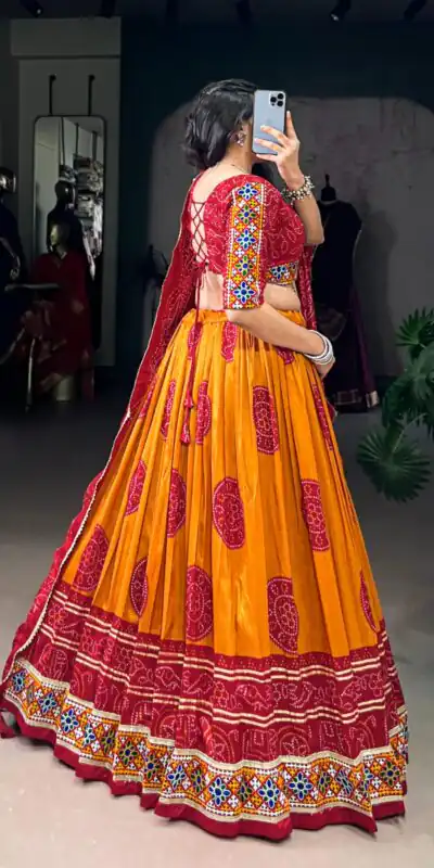LNB 1736 Mustard Color Tasar Silk Bandhej Print And Gamthi Work Lehenga Choli Wedding, Party, Festive, Events Etc. Delivery 4-6 Working Days Rs 3499 | Bollywood Lehenga, Creative Lehenga, Designer Lehenga, Embroidered Lehenga, Lehenga, Party Wear Lehenga
