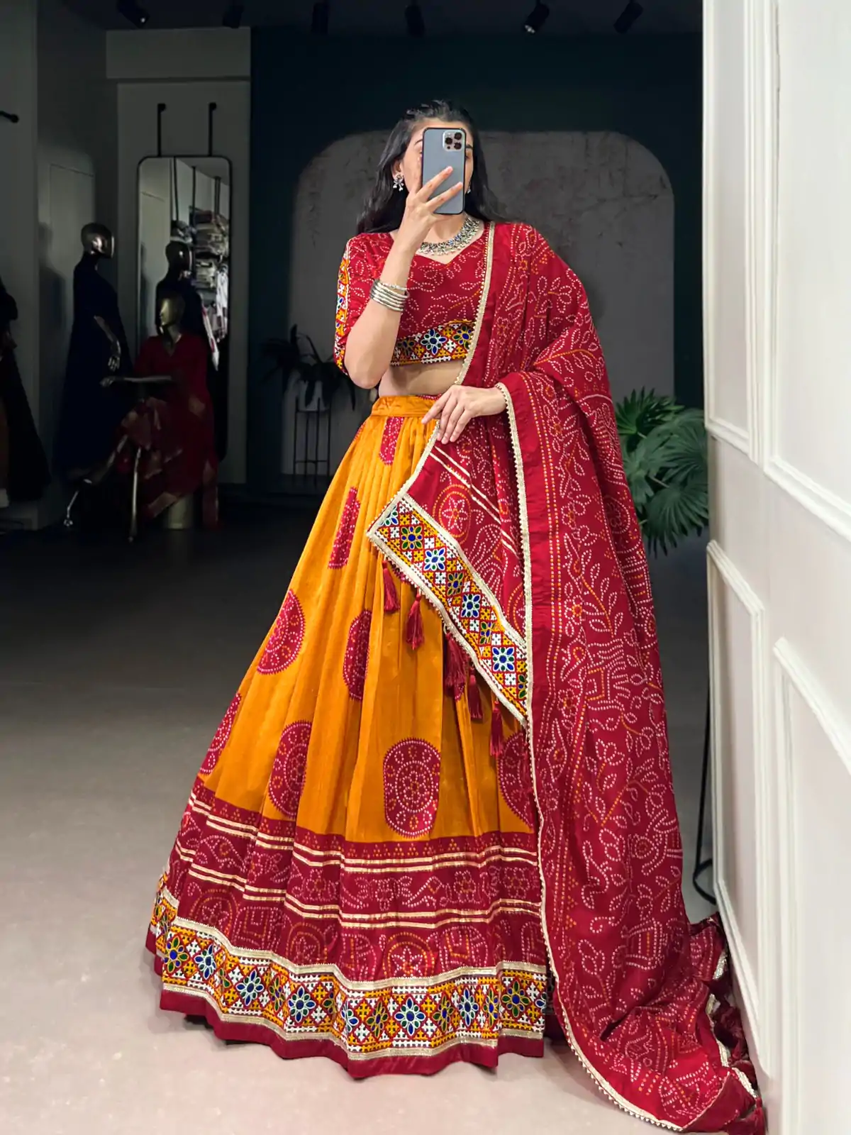 LNB 1736 Mustard Color Tasar Silk Bandhej Print And Gamthi Work Lehenga Choli Wedding, Party, Festive, Events Etc. Delivery 4-6 Working Days Rs 3499 | Bollywood Lehenga, Creative Lehenga, Designer Lehenga, Embroidered Lehenga, Lehenga, Party Wear Lehenga