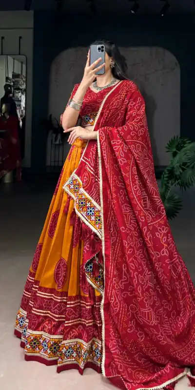 LNB 1736 Mustard Color Tasar Silk Bandhej Print And Gamthi Work Lehenga Choli Wedding, Party, Festive, Events Etc. Delivery 4-6 Working Days Rs 3499 | Bollywood Lehenga, Creative Lehenga, Designer Lehenga, Embroidered Lehenga, Lehenga, Party Wear Lehenga
