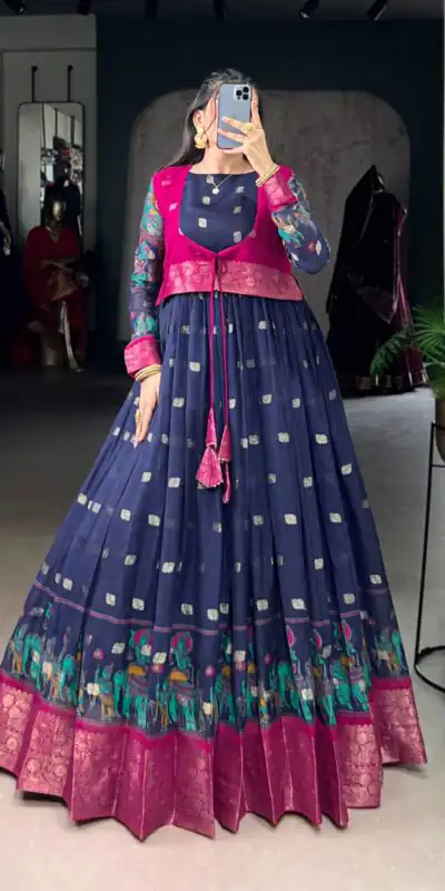 YNF 5031 Navy Blue Color Cotton Kalamkari Print Zari Weaving Work Gown Casual, Wedding, Festive, Events . Expected Delivery  4-6 Working Days @1999/- only      | Bollywood Gowns, Creative Gowns, Designer Gowns, Embroidered Gowns, Gowns, Party Wear Gowns