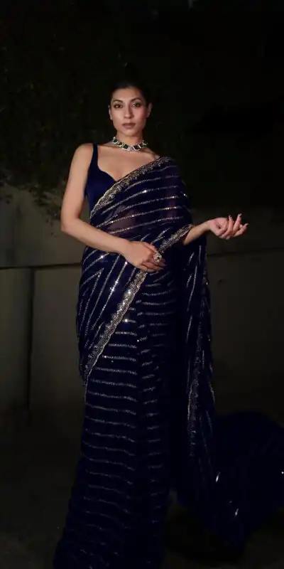 DF 3393 Navy Blue Color Georgette 5MM Sequins Embroidery Work Saree Casual, Wedding, Festive, Events . Expected Delivery  4-6 Working Days @1799/- only                                                 | Bollywood Sarees, Creative Sarees, Designer Sarees, Embroidered Sarees, Ethnic Saree, Modern Digital sarees, Party Wear Sarees, Sarees