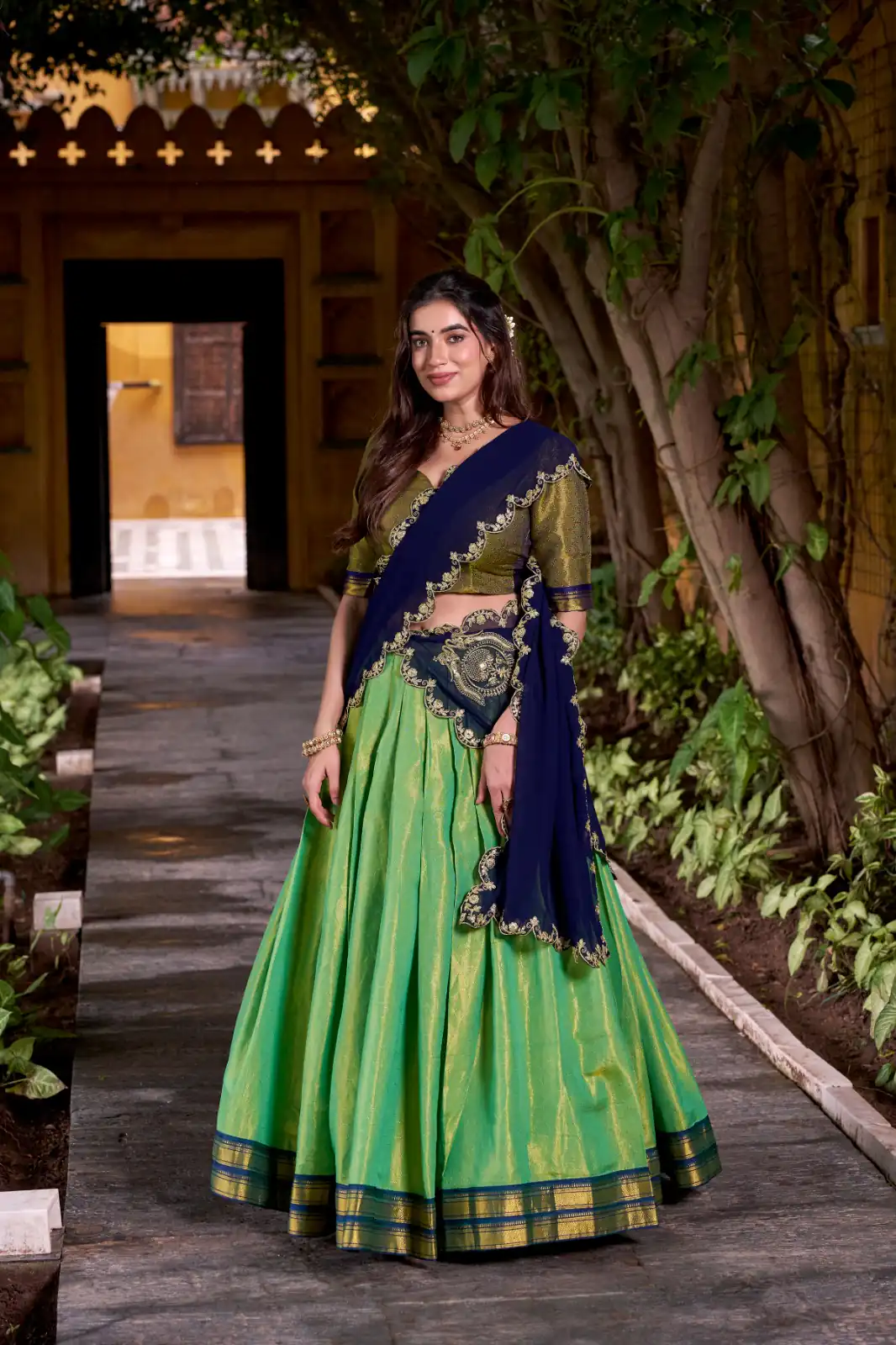 LNB 2009 Navy Blue Elevate your style with the Navy Blue Kanchipuram Weaving Lehenga Choli, featuring stunning zari work and a comfortable drawstring fit. | Bollywood Lehenga, Creative Lehenga, Designer Lehenga, Embroidered Lehenga, Lehenga, Party Wear Lehenga