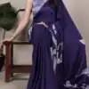 Navy Blue Satin Floral Printed Saree