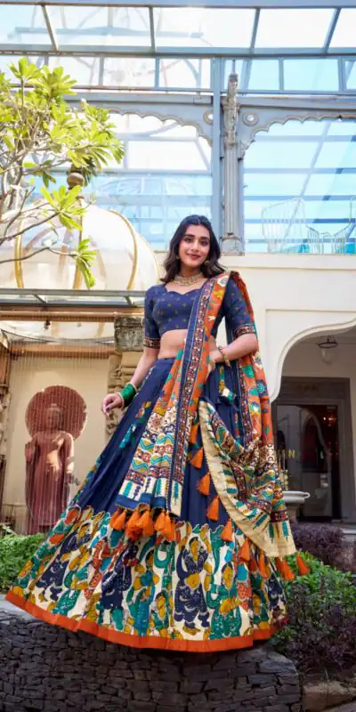 LNB 1236 Navy Blue Color Tasar Silk Kalamkari Print With Foil Work Lehenga Choli Wedding, Party, Festive, Events Etc. Delivery 4-6 Working Days Rs 2449 | Bollywood Lehenga, Creative Lehenga, Designer Lehenga, Embroidered Lehenga, Lehenga, Party Wear Lehenga
