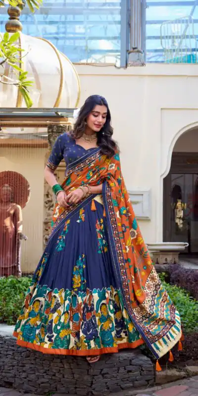 LNB 1236 Navy Blue Color Tasar Silk Kalamkari Print With Foil Work Lehenga Choli Wedding, Party, Festive, Events Etc. Delivery 4-6 Working Days Rs 2449 | Bollywood Lehenga, Creative Lehenga, Designer Lehenga, Embroidered Lehenga, Lehenga, Party Wear Lehenga