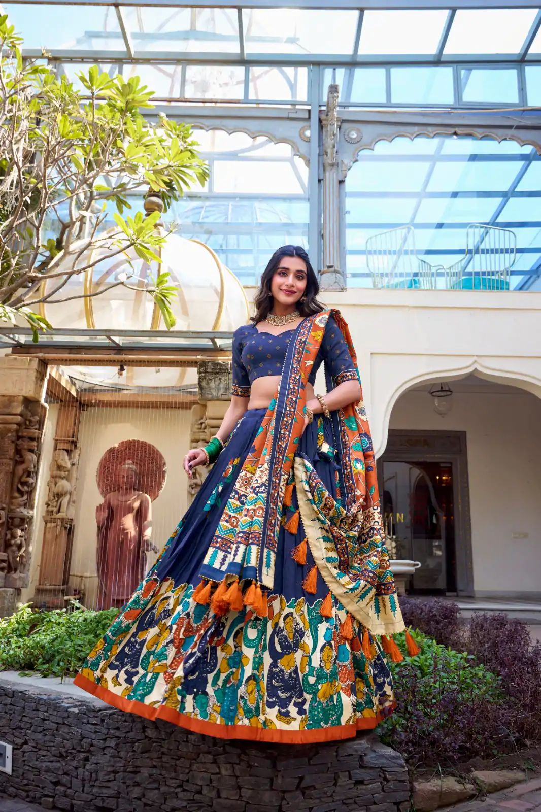 LNB 1236 Navy Blue Color Tasar Silk Kalamkari Print With Foil Work Lehenga Choli Wedding, Party, Festive, Events Etc. Delivery 4-6 Working Days Rs 2449 | Bollywood Lehenga, Creative Lehenga, Designer Lehenga, Embroidered Lehenga, Lehenga, Party Wear Lehenga