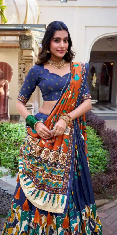 LNB 1236 Navy Blue Color Tasar Silk Kalamkari Print With Foil Work Lehenga Choli Wedding, Party, Festive, Events Etc. Delivery 4-6 Working Days Rs 2449 | Bollywood Lehenga, Creative Lehenga, Designer Lehenga, Embroidered Lehenga, Lehenga, Party Wear Lehenga