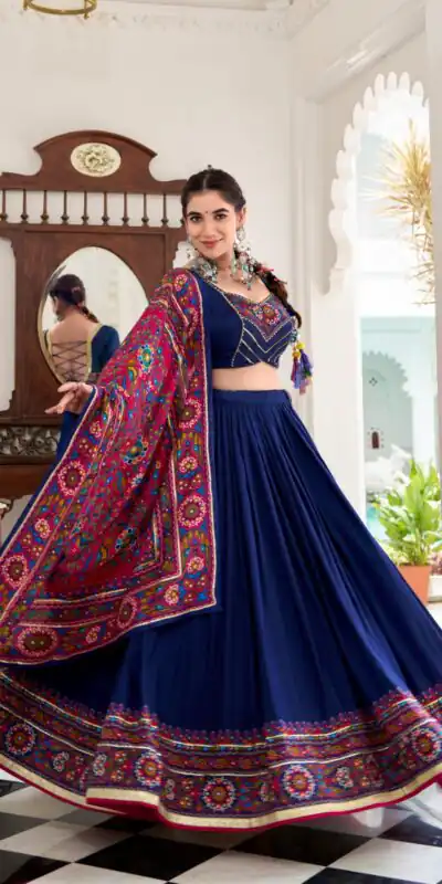LNB 1243 Navy blue Color Tasar Silk Gamthi Print Embossed Gotta Lace Lehenga Choli Festive Party Wedding, Events etc. Delivery 4-6 Working Days @2999/- | Bollywood Lehenga, Creative Lehenga, Designer Lehenga, Embroidered Lehenga, Lehenga, Party Wear Lehenga