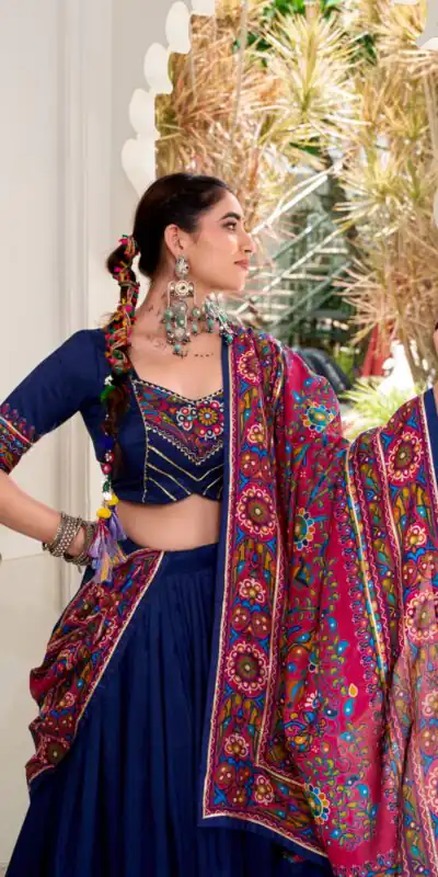 LNB 1243 Navy blue Color Tasar Silk Gamthi Print Embossed Gotta Lace Lehenga Choli Festive Party Wedding, Events etc. Delivery 4-6 Working Days @2999/- | Bollywood Lehenga, Creative Lehenga, Designer Lehenga, Embroidered Lehenga, Lehenga, Party Wear Lehenga