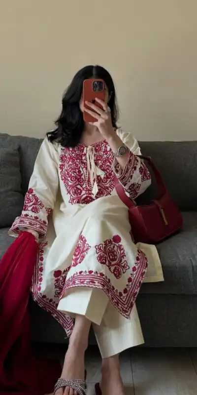 BE 386 Off White Color Roman Silk Embroidery Work Salwar Suit Casual, Wedding, Festive, Events . Expected Delivery  4-6 Working Days @1899/- only      | Jump Suits, Casual Suits, Creative suits, Designer Suits, Palazzo Suits, Party Wear Suits, Patiala Suits, Salwar suit, Straight Suits