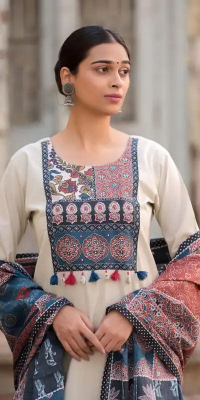 LG 1992 Off White Color Roman Silk Printed Patch Work  Salwar Suit Casual, Wedding, Festive, Events . Expected Delivery  4-6 Working Days @1899/- only      | Jump Suits, Casual Suits, Creative suits, Designer Suits, Palazzo Suits, Party Wear Suits, Patiala Suits, Salwar suit, Straight Suits