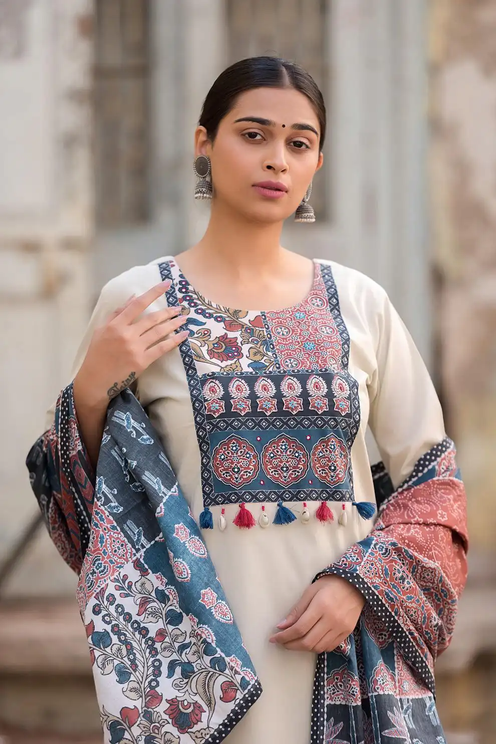 LG 1992 Off White Color Roman Silk Printed Patch Work  Salwar Suit Casual, Wedding, Festive, Events . Expected Delivery  4-6 Working Days @1899/- only      | Jump Suits, Casual Suits, Creative suits, Designer Suits, Palazzo Suits, Party Wear Suits, Patiala Suits, Salwar suit, Straight Suits