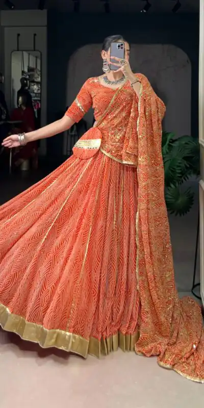 LNB 1701 Orange Color Georgette Bandhej Print And Embossed Lace Lehenga Choli Wedding, Party, Festive, Events Etc. Delivery 4-6 Working Days Rs 3999 | Bollywood Lehenga, Creative Lehenga, Designer Lehenga, Embroidered Lehenga, Lehenga, Party Wear Lehenga
