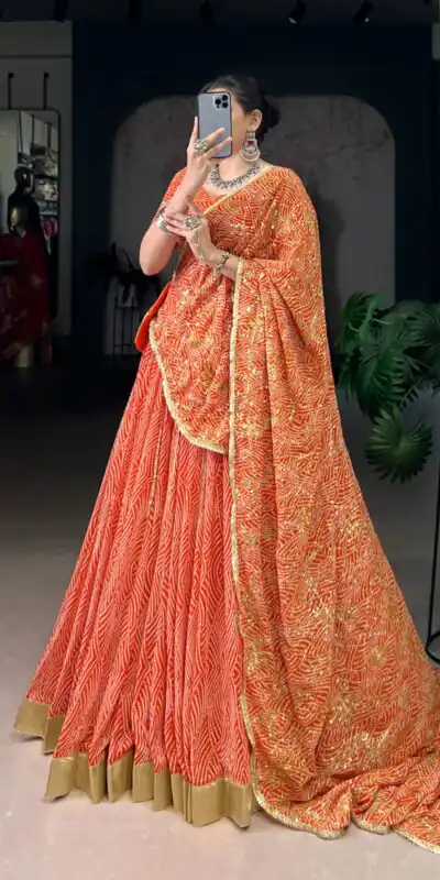 LNB 1701 Orange Color Georgette Bandhej Print And Embossed Lace Lehenga Choli Wedding, Party, Festive, Events Etc. Delivery 4-6 Working Days Rs 3999 | Bollywood Lehenga, Creative Lehenga, Designer Lehenga, Embroidered Lehenga, Lehenga, Party Wear Lehenga