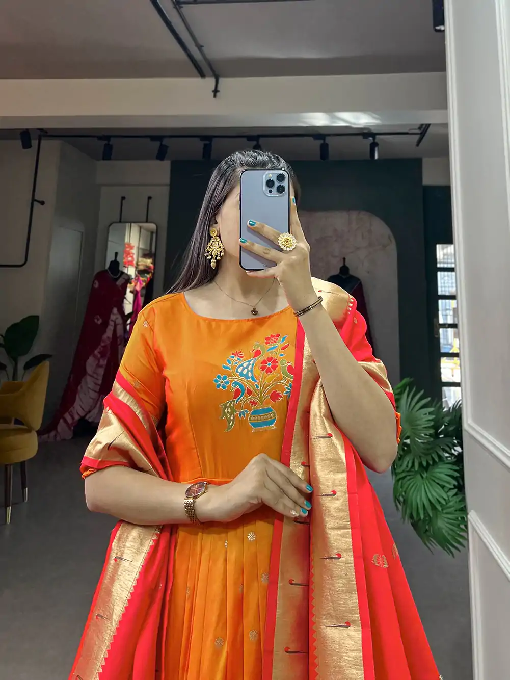 YNF 5302 Orange Color Jacquard Silk Paithani Designer Gown Casual, Wedding Festive, Events, Designer Party Wear Expected Delivery 4-6 Working Days @2549 | Bollywood Gowns, Creative Gowns, Designer Gowns, Embroidered Gowns, Gowns, Party Wear Gowns