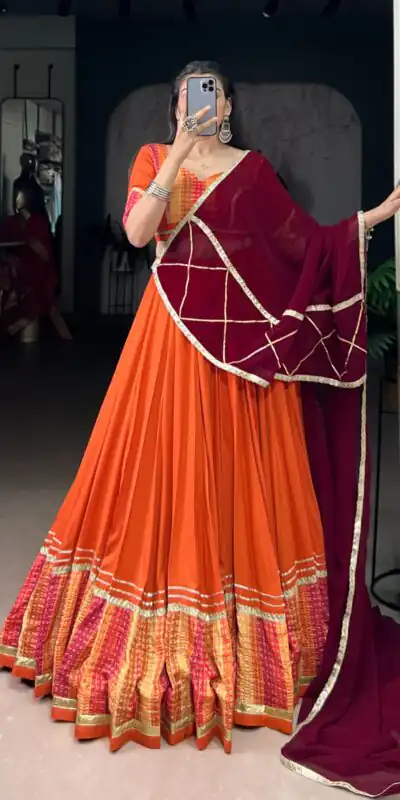LNB 1634 Orange Color Pure Rayon Bandhej Print Sequins Lace Boarder Lehenga Choli Wedding, Party, Festive, Events Etc. Delivery 4-6 Working Days Rs 3199 | Bollywood Lehenga, Creative Lehenga, Designer Lehenga, Embroidered Lehenga, Lehenga, Party Wear Lehenga