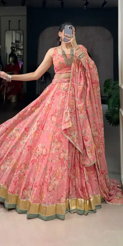 LNB 1672 Peach Color Chiffon Floral Print Foil Print Embossed Design Lehenga Choli Wedding, Party, Festive, Events Etc. Delivery 4-6 Working Days Rs 3099 | Bollywood Lehenga, Creative Lehenga, Designer Lehenga, Embroidered Lehenga, Lehenga, Party Wear Lehenga