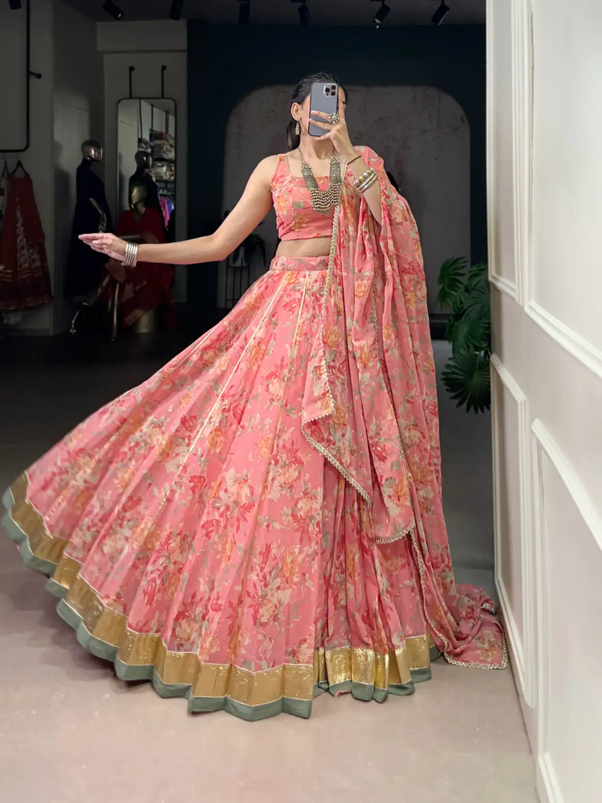 LNB 1672 Peach Color Chiffon Floral Print Foil Print Embossed Design Lehenga Choli Wedding, Party, Festive, Events Etc. Delivery 4-6 Working Days Rs 3099 | Bollywood Lehenga, Creative Lehenga, Designer Lehenga, Embroidered Lehenga, Lehenga, Party Wear Lehenga