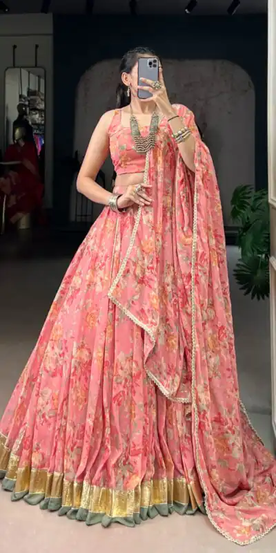 LNB 1672 Peach Color Chiffon Floral Print Foil Print Embossed Design Lehenga Choli Wedding, Party, Festive, Events Etc. Delivery 4-6 Working Days Rs 3099 | Bollywood Lehenga, Creative Lehenga, Designer Lehenga, Embroidered Lehenga, Lehenga, Party Wear Lehenga