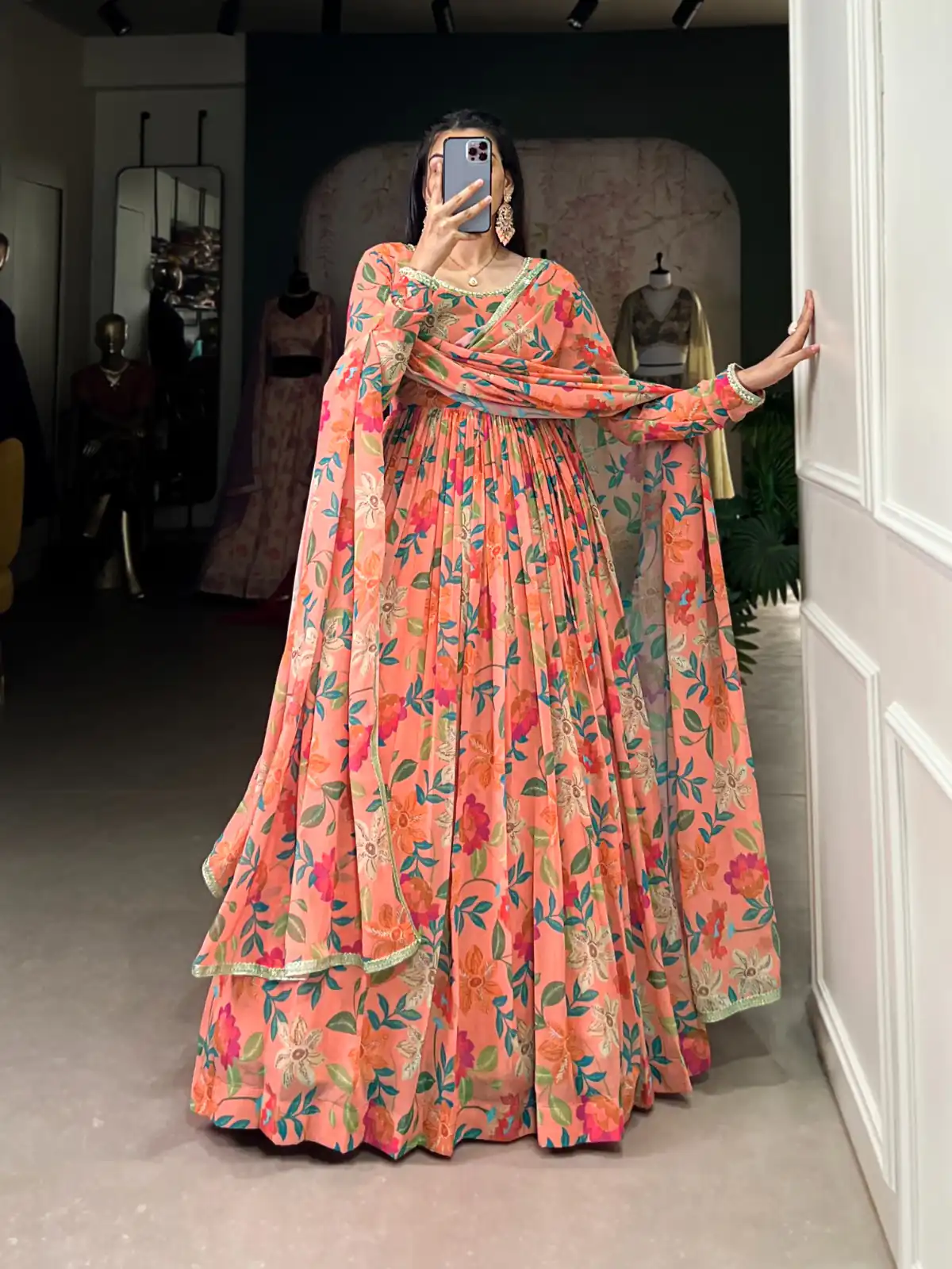 YNF 5010 Peach Color Georgette Floral Print With Lace Touch Up Gown Casual, Wedding, Festive, Events . Expected Delivery  4-6 Working Days @1849/- only      | Bollywood Gowns, Creative Gowns, Designer Gowns, Embroidered Gowns, Gowns, Party Wear Gowns