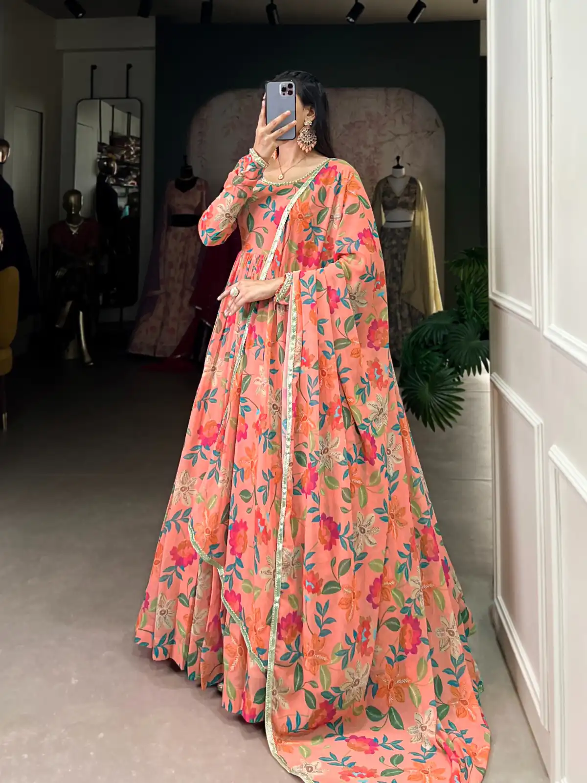 YNF 5010 Peach Color Georgette Floral Print With Lace Touch Up Gown Casual, Wedding, Festive, Events . Expected Delivery  4-6 Working Days @1849/- only      | Bollywood Gowns, Creative Gowns, Designer Gowns, Embroidered Gowns, Gowns, Party Wear Gowns