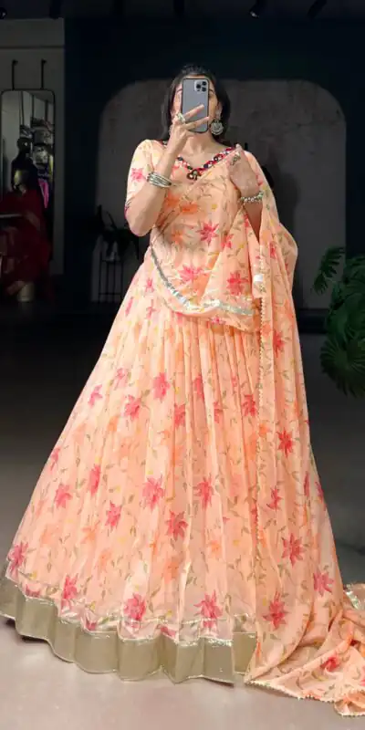 LNB 1716 Peach Color Tabby Silk Floral Print Embossed Design Lace Lehenga Choli Wedding, Party, Festive, Events Etc. Delivery 4-6 Working Days Rs 2499 | Bollywood Lehenga, Creative Lehenga, Designer Lehenga, Embroidered Lehenga, Lehenga, Party Wear Lehenga