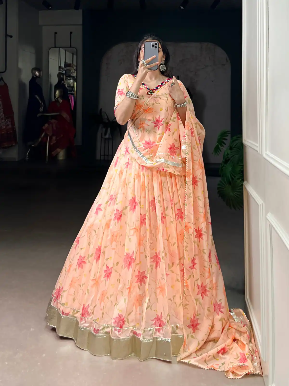 LNB 1716 Peach Color Tabby Silk Floral Print Embossed Design Lace Lehenga Choli Wedding, Party, Festive, Events Etc. Delivery 4-6 Working Days Rs 2499 | Bollywood Lehenga, Creative Lehenga, Designer Lehenga, Embroidered Lehenga, Lehenga, Party Wear Lehenga