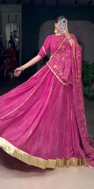 LNB 1701 Pink Color Georgette Bandhej Print And Embossed Lace Lehenga Choli Wedding, Party, Festive, Events Etc. Delivery 4-6 Working Days Rs 3999 | Bollywood Lehenga, Creative Lehenga, Designer Lehenga, Embroidered Lehenga, Lehenga, Party Wear Lehenga