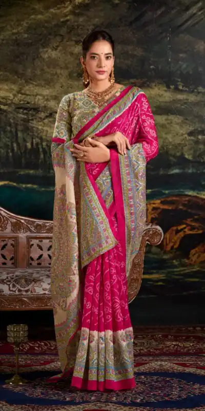 YNF 7209 Pink Color Green Silk Fusion Print Madhubani Bandhej Saree Casual, Wedding, Festive, Events . Expected Delivery  4-6 Working Days @1499/- only                                                                                | Bollywood Sarees, Creative Sarees, Designer Sarees, Embroidered Sarees, Ethnic Saree, Modern Digital sarees, Party Wear Sarees, Sarees