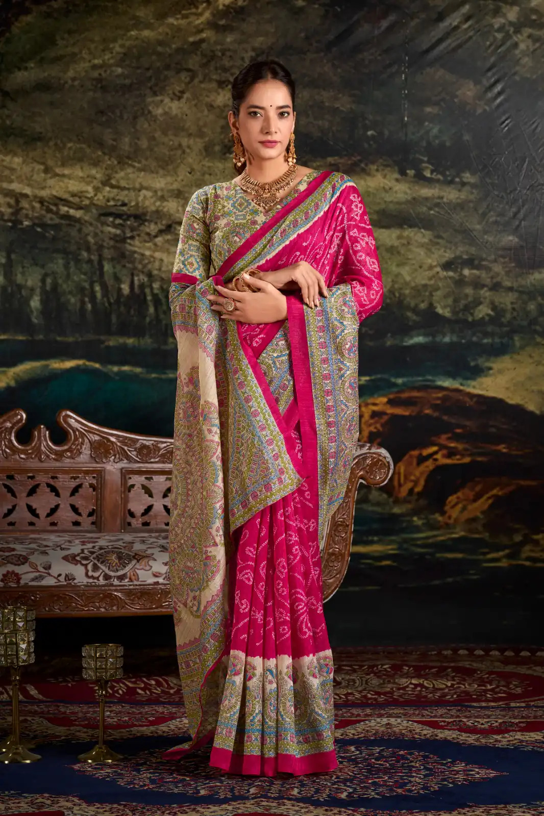 YNF 7209 Pink Color Green Silk Fusion Print Madhubani Bandhej Saree Casual, Wedding, Festive, Events . Expected Delivery 4-6 Working Days @1499/- only | Bollywood Sarees, Creative Sarees, Designer Sarees, Embroidered Sarees, Ethnic Saree, Modern Digital sarees, Party Wear Sarees, Sarees